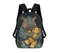 sinyumoney 4Girls Sleeping Hippo with Teddy Bear Backpack 3D Printed Boy School Backpack Casual Daypack Lightweight Rucksack for Middle School Students 17inch