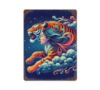 sinyumoney A Vibrant, Stylized Tiger with Flowing Mane And Body, Emerging from Clouds Against A Starr Iron Water Proof Wall Art Decoration for Bedroom Living Room Garage Yard Pub 15.7"x11.8"