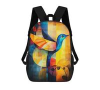 sinyumoney Abstract Hummingbird Art - Geometric Bird in Vibrant Colors Kids Children School Backpack Bookbags Casual Travel Rucksack Boys Girls Large Capacity Daypack 17inch
