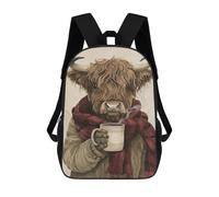 sinyumoney Anthropomorphic Highland Cow with Coffee Children's Backpack, 17 Inch 3D Printed School Backpack, Backpack Cartoon Adjustable School Bag for Primary School