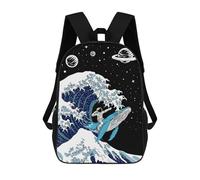 sinyumoney Astronaut Kanagawa Wave Children's School Backpack 3D Printed for Kids Travel Rucksacks Book Bags Kids School Bag 17inch
