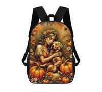sinyumoney Autumnal Woman with Dog 3D Printed Children's 17 Inch Backpacks 3D Printed Casual School Bag for Boys Elementary And Middle
