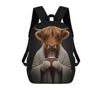 sinyumoney Backpacks Cozy Highland Cow with Hot Drink Kids School Backpack School Bag 3D Printed School Bags for Boys Elementary And Middle School Students 17inch