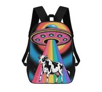 sinyumoney Backpacks Kids School Backpack Cow Abduction by UFO with Rainbow Beam School Bag 3D Printed School Bag for Boys Elementary And Middle School Students 17inch