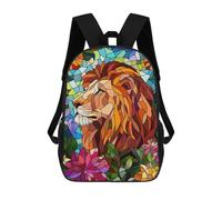sinyumoney Backpacks Kids School Backpack Lion in Flowers Stained Glass School Bag 3D Printed School Bag for Boys Elementary And Middle School Students 17inch