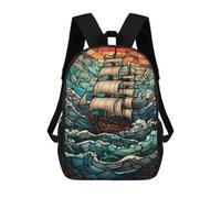 sinyumoney Backpacks Kids School Backpack Stained Glass Pirate Ship School Bag 3D Printed School Bag for Boys Elementary And Middle School Students 17inch