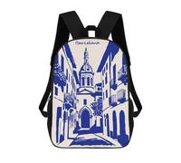 sinyumoney Barcelona Street View in Blue 3D Printed 17 Inch School Backpack Children's Backpacks 3D Printed Cool Knapsack for Boys Elementary And Middle