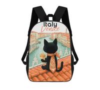 sinyumoney Black Cat in Venice with Fries 3D Printed Children's School Backpack for Kids High Capacity Travel Rucksacks Book Bags Kids School Bag Back Pack 17inch