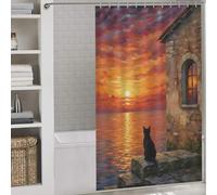 sinyumoney Black Cat Watching Sunset Painting Anti-Mould Proof Resistant Quick Drying Proof Resistant Hilarious Bath Curtain for Stalls Bathtubs 53.54x70.87Inch（136x180cm）