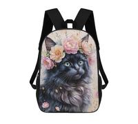 sinyumoney Black Cat with Flower Crown Watercolor Backpacks Kids Student Schoolbag,3D Printed Backpacks,Elementary And Middle School Students Backpacks for Boys Girls 17inch