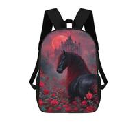 sinyumoney Black Horse Red Roses Castle School Backpack High Secondary School Bags Casual Backpack for Girl, Teen Girls 17inch