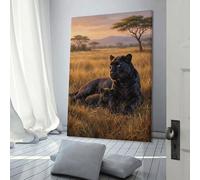 sinyumoney Black Panther And Cub in Savannah Canvas Painting Print Decor Print Picture Paintings Wall Decoration for Wall Or Prints for Walls 08x12inch(20x30cm)