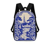 sinyumoney Blue And Beige Landscape Illustration Backpack School Bag Business Durable Laptop Bag- Perfect for Travel, Work And Daily Use 17inch