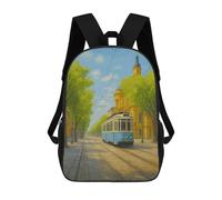 sinyumoney Blue Tram in Cityscape Painting 3D Printed Children's School Backpack for Kids High Capacity Travel Rucksacks Book Bags Kids School Bag Back Pack 17inch