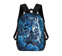 sinyumoney Blue Wolf Trio with Roses 3D Printed 17inch School Bag Children's School Backpack Travel Backpacks Casual Fashion Bag for Kids School Students