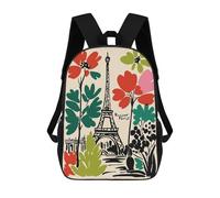 sinyumoney Bonjour Paris Floral Eiffel Tower Art 3D Printed 17 Inch School Backpack Casual Children's Backpacks 3D Printed for Boys Elementary And Middle