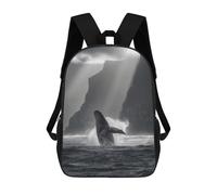 sinyumoney Breaching Whale at Coastal Cliffs in Black And White Children's Backpack, 3D Printed School Backpack, Backpack for Boys Girls, Adjustable School Bag for Primary School 17inch