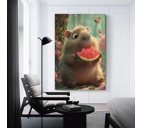 sinyumoney Capybara Eating Watermelon in A Forest Bedroom Wall Art Home Office Kitchen Gallery Corridor Bathroom Wall Decor Ready To Hang Bedroom Canvas 24x36inch(60x90cm)