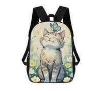 sinyumoney Cartoon Cat with Butterfly in Flower Field 3D Printed 17 Inch School Children's Backpacks 3D Printed Cool School Bag for Boys Elementary And Middle