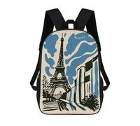 sinyumoney Cartoon Eiffel Tower Illustration with Bonjour Text 3D Printed 17 Inch School Children's Backpacks 3D Printed Cool School Bag for Boys Elementary And Middle