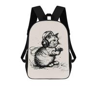 sinyumoney Cartoon Gamer Cat Illustration Black And White 3D Printed 17 Inch School Children's Backpacks 3D Printed Cool School Bag for Boys Elementary And Middle