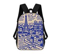 sinyumoney Cartoon Paris Cityscape Illustration in Blue Children's 17 Inch Backpacks 3D Printed Backpack for Kids Travel Rucksacks Book Bags Kids School Bag