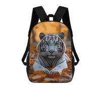 sinyumoney Cartoon White Tiger in Autumn Leaves 3D Printed 17 Inch School Children's Backpacks 3D Printed Cool School Bag for Boys Elementary And Middle