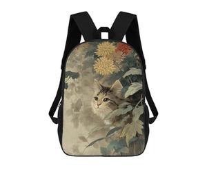 sinyumoney Cat Among Chrysanthemums Vintage Art Children's Backpack, 3D Printed School Backpack, Backpack for Boys Girls, Adjustable School Bag for Primary School 17inch