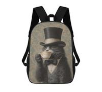 sinyumoney Cat in Top Hat with Tea 3D Printed Children's School Backpack for Kids High Capacity Travel Rucksacks Book Bags Kids School Bag Back Pack 17inch