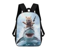 sinyumoney Cat Riding Shark 3D Printed Kids 17inch Backpacks Boys Fashion Travel Backpacks School Bag for Boys Elementary And Middle School Students