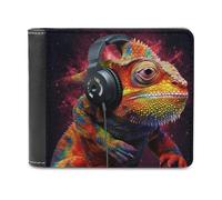 sinyumoney Chameleon with Headphones in Space 3D Print Men's Wallet Credit Card Slots Banknote Compartments Minimalist Style Leather Wallet Youth Guys 11.7cm*9.5cm