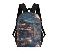 sinyumoney Cherry Blossom Moonlit Lake House 3D Printed 17inch Kids School Bag Rucksacks Children's School Fashion Casual Back Pack High Capacity Travel Book Bags