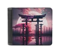 sinyumoney Cherry Blossom Torii Gate Reflection 3D Print PU Leather Men's Wallet Credit Card Slots Leather Compartments Fashion Slim Leather Wallet 11.7cm*9.5cm