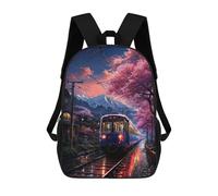 sinyumoney Cherry Blossom Train Journey Kids School Backpack 3D Printed Fashion School Bag Casual School Bag for Boys Elementary And Middle School Students 17inch