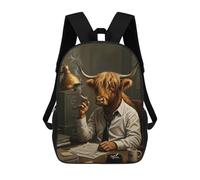 sinyumoney Children 17inch School Backpack 3D Printed Anthropomorphic Highland Cow Businessman Smoking Bookbags Travel Rucksack Casual Large Capacity Daypack for Boys Girls