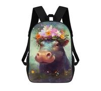 sinyumoney Children 17inch School Backpack 3D Printed Hippopotamus with Flower Crown Bookbags Travel Rucksack Casual Large Capacity Daypack for Boys Girls