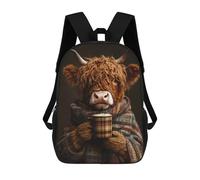sinyumoney Children School Backpack 3D Printed Highland Cow with Hot Coffee Bookbags Rucksack Casual Travel Backpacks Large Capacity Daypack for Boys 17inch