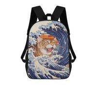 sinyumoney Children's Backpack 3D Cat in Great Wave Printed Bags Schoolbag Lightweight School Bags Fashion Fun Knapsack Student Daypack for Children 17inch