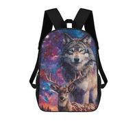 sinyumoney Children'S Backpack 3D Galactic Wolf And Deer Art Print Printed Bags Schoolbag Lightweight School Bags Fashion Fun Knapsack Student Daypack For Children 17inch