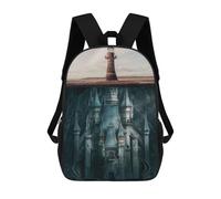 sinyumoney Children's Backpack, 3D Printed Castle And Lighthouse Mosaic Backpack, Backpack for Boys Girls, 17 Inch Adjustable Lightweight School Bag for Primary School 17inch