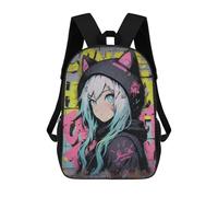 sinyumoney Children's Backpack, 3D Printed Cat-Eared Anime Girl Graffiti Art Backpack, Backpack for Boys Girls, 17 Inch Adjustable Lightweight School Bag for Primary School 17inch