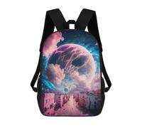 sinyumoney Children's Backpack, 3D Printed City Under A Cosmic Moon Backpack, Backpack for Boys Girls, 17 Inch Adjustable Lightweight School Bag for Primary School 17inch