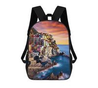 sinyumoney Children's Backpack, 3D Printed Colorful Coastal Village at Sunset Backpack, Backpack for Boys Girls, 17 Inch Adjustable Lightweight School Bag for Primary School 17inch