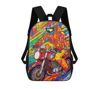 sinyumoney Children's Backpack, 3D Printed Colorful Motorcycle Rider Artwork Backpack, Backpack for Boys Girls, 17 Inch Adjustable Lightweight School Bag for Primary School 17inch