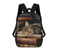 sinyumoney Children's Backpack, 3D Printed Cozy Cat Nap on Books Backpack, Backpack for Boys Girls, 17 Inch Adjustable Lightweight School Bag for Primary School 17inch