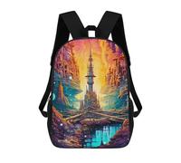 sinyumoney Children's Backpack, 3D Printed Fantasy Cityscape Vibrant Skyline Backpack, Backpack for Boys Girls, 17 Inch Adjustable Lightweight School Bag for Primary School 17inch