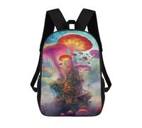 sinyumoney Children's Backpack, 3D Printed Mystical Mushroom City Backpack, Backpack for Boys Girls, 17 Inch Adjustable Lightweight School Bag for Primary School 17inch