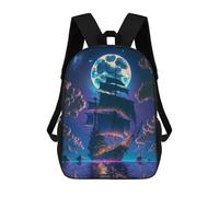 sinyumoney Children's Backpack, 3D Printed Night Sailing Under The Moon Backpack, Backpack for Boys Girls, 17 Inch Adjustable Lightweight School Bag for Primary School 17inch