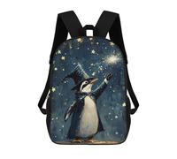 sinyumoney Children's Backpack 3D Printed Penguin Wizard with Wand And Stars Schoolbag Student Daypack Fashion Casual Lightweight School Bags for School College Travel 17inch