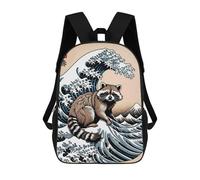 sinyumoney Children's Backpack 3D Printed Raccoon Great Wave Schoolbag Student Daypack Fashion Casual Lightweight School Bags for School College Travel 17inch
